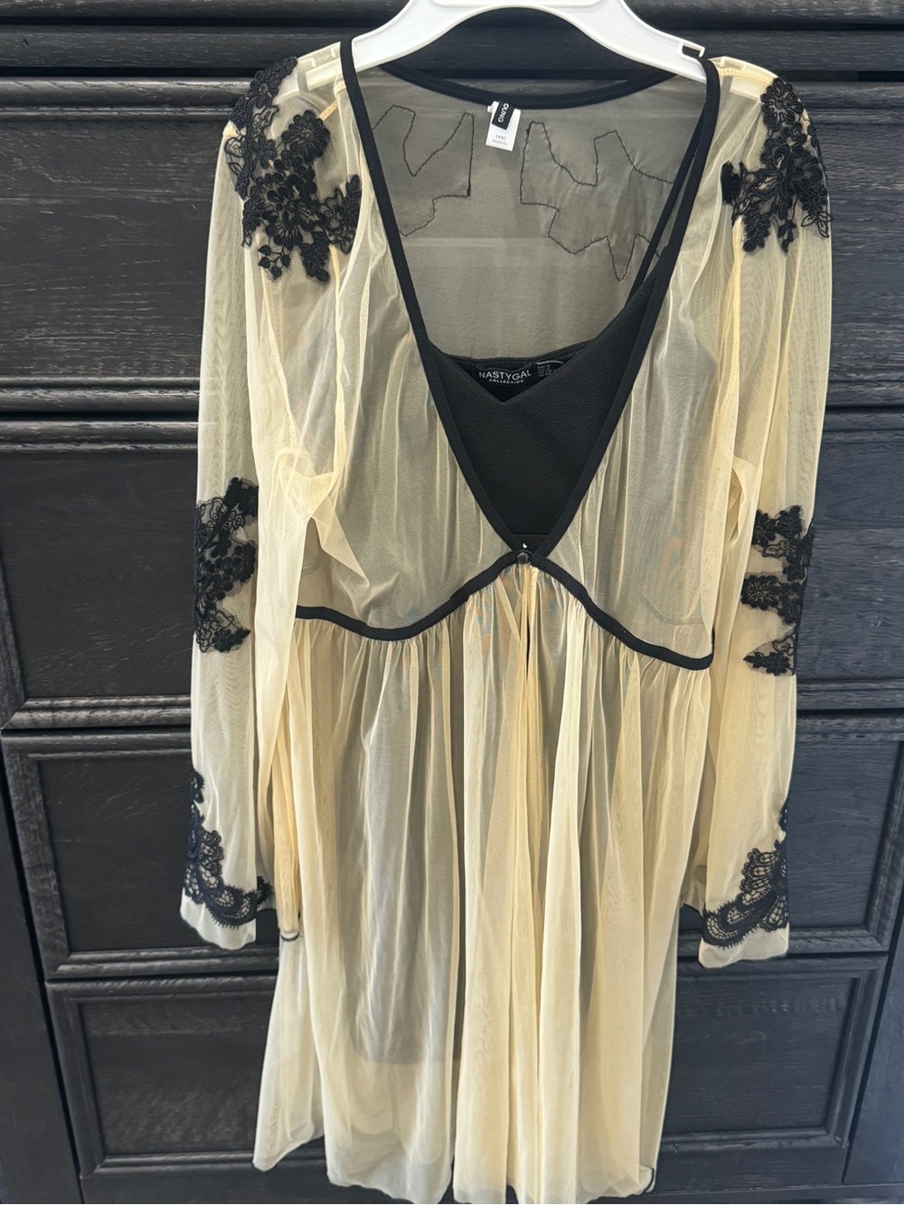 Nasty Gal Black Slip Dress with Cream Embroidered Sheer Duster - Picture 10 of 10